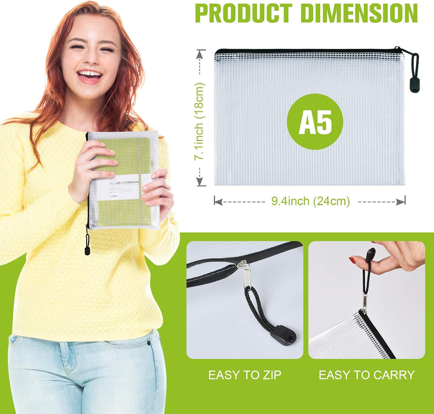 12 Pcs Plastic Mesh Zip File Bags, Waterproof Tear-Resistant Document File Folders, A5 Size Zipper Documents Pouch Document Organizer Bags for School Office Home Travel Storage(9.4×7.1Inch)