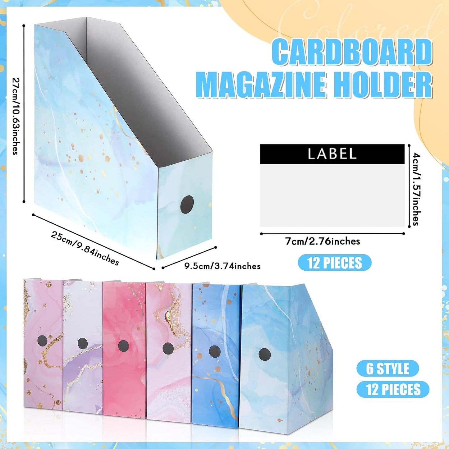 PerKoop 12 Pcs Magazine File Holder Foldable Decorative Cardboard File Folders 6 Patterns Floral Colored Magazine Rack with Printable Sticker Labels for School Office Home Desk (Marble)
