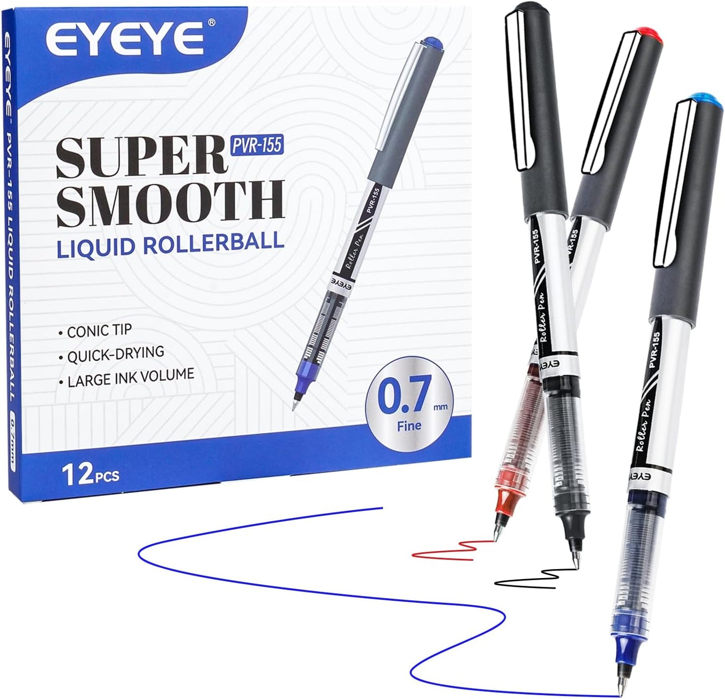EYEYE Liquid Ink Rollerball Pens 0.7mm, Medium Point Roller Ball Pen 12 Pack 3 Colors Quick Dry, Ink Pens Fine Point Smooth Writing Pen for Journaling, Note Taking, Office, School Supplies