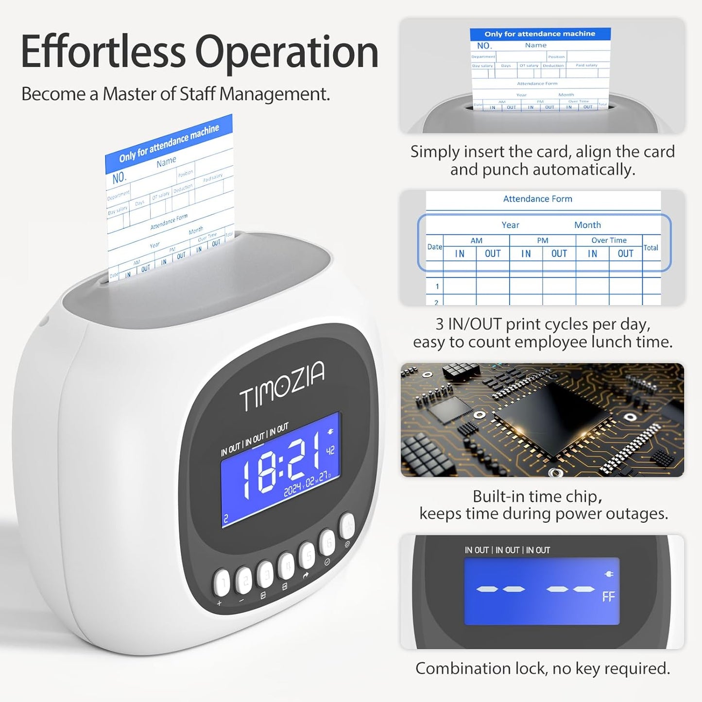 Time Clocks for Employees Small Business, Auto-Align Time Clock, 6 Punches per Day Time Machine, Clock in Machine for Employees with Time Cards, 2 Ink Ribbons and White with 50 Cards