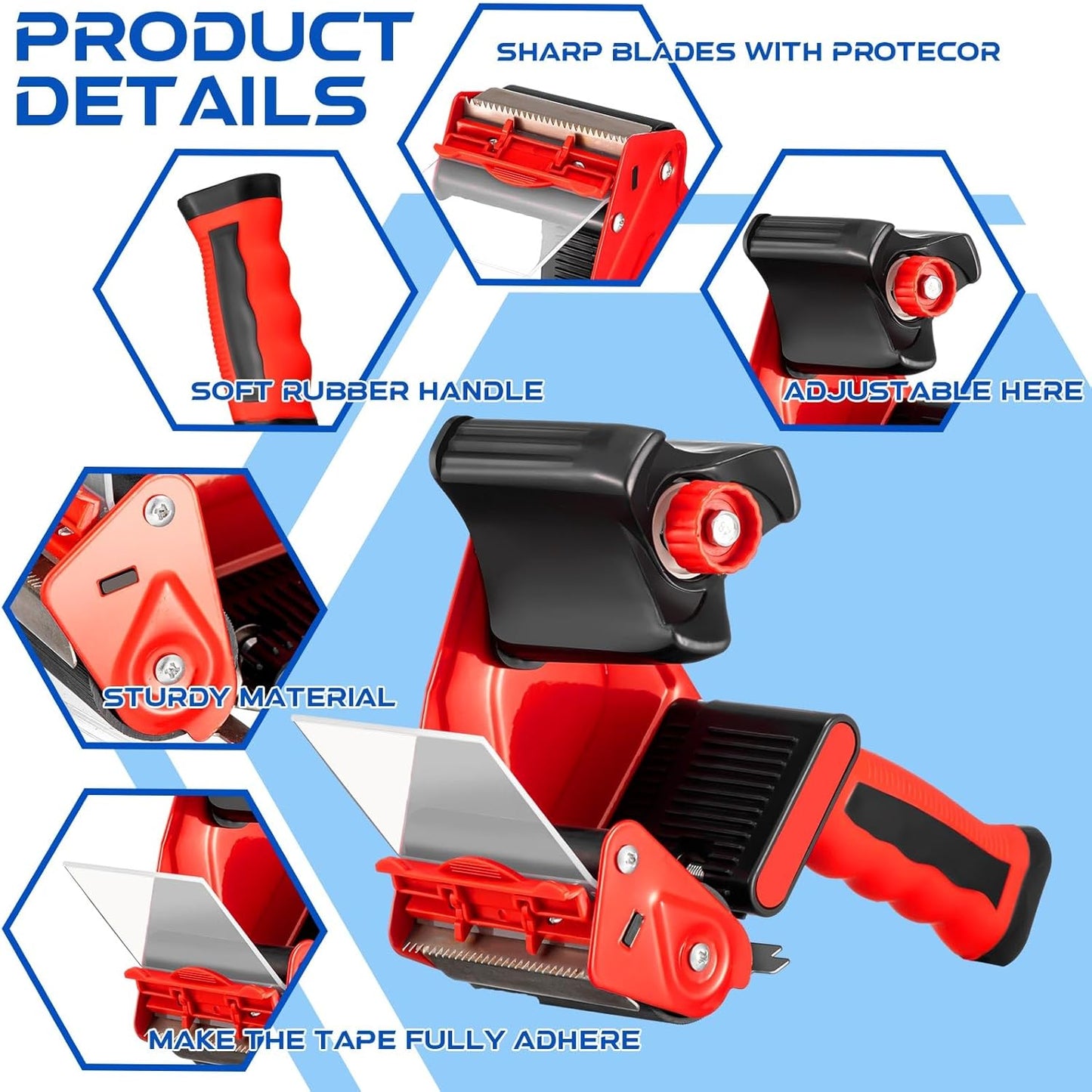 Hicarer 6 Pcs 3 Inch Packing Tape Gun Heavy Duty Tape Dispenser Non Slip Silicone Handle Portable for Shipping, Moving, Carton and Box Sealing