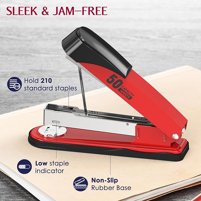 Metal Stapler Heavy Duty 50 Sheet Capacity with 1750 Staples and Staple Remover, Red Stapler Full Strip Staplers for Desk, No Jam, Non-Slip Office Stapler with Staples for Office & Classroom, Red