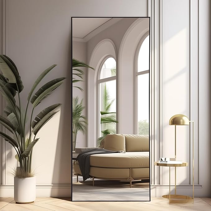 MELOMOIR 64"x21" Full Length Mirror, Floor Mirror with Stand Hanging or Leaning, Aluminum Alloy Frame Full Body Mirror for Bedroom Living Room Cloakroom Hallway, Wall Mirror Full Length, Black