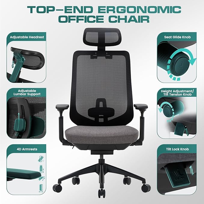 COLAMY Ergonomic Office Chair, High Back Office Executive Desk Chair, Mesh Office Chair Lumbar Support with Adjustable Headrest and 4D Arms, Slide Seat, Tilt Lock-Darkgrey