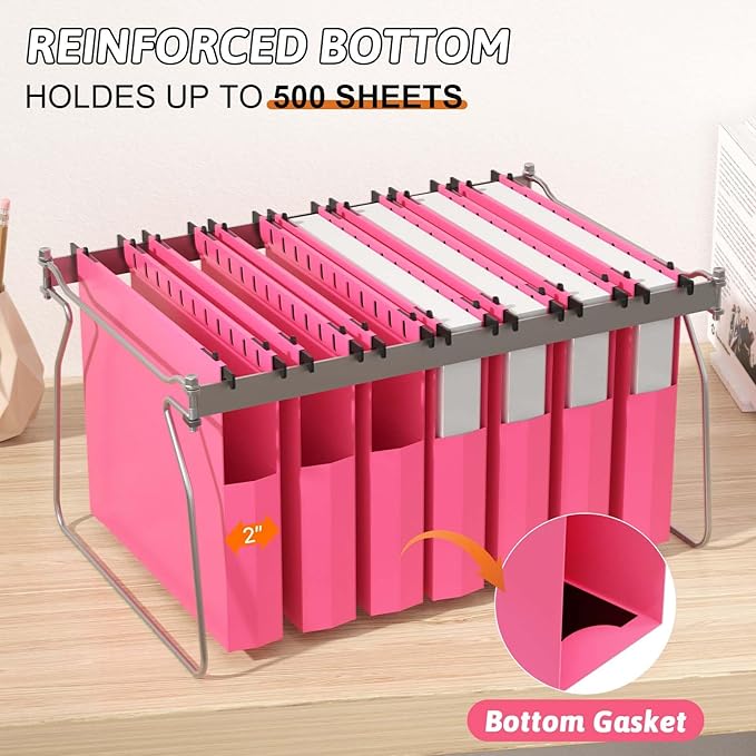 Plastic Hanging File Folders Expanding,12 Pack Extra Capacity Hanging File Folder Letter Size,2 Inch Expansion Heavy Duty Folders,Adjustable Tabs,Pink Hanging Folders Designed for Bulky Files