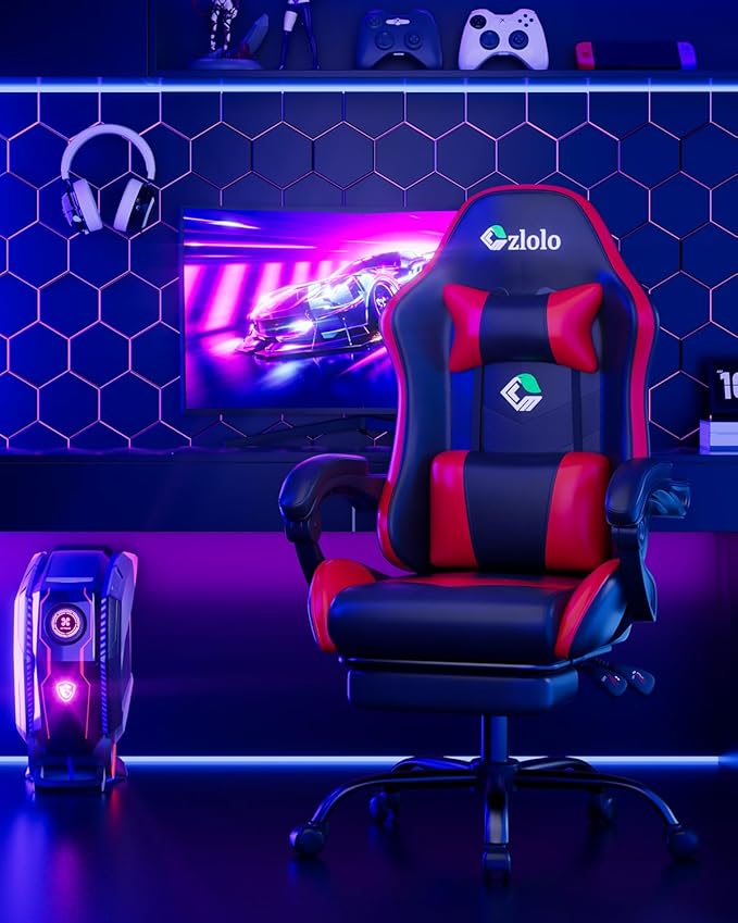 Gaming Chair, Ergonomic Office Computer Chair with Footrest and Lumbar Support Massager Racing Style High Back Video Gamer Chair, Wide＆Thick Cushion, 90°-135° Recline, Adjustable Height, Red