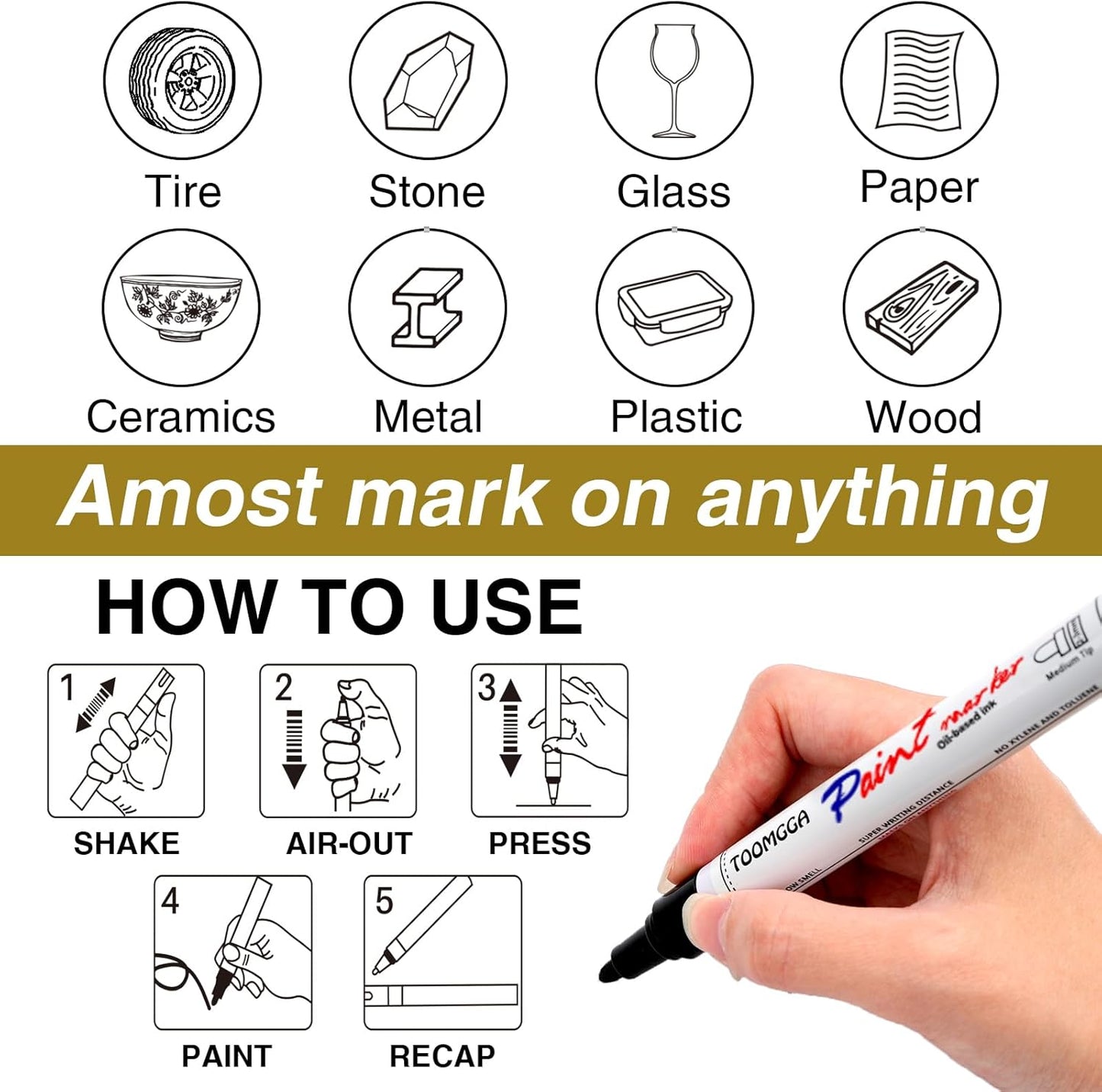 White Paint Pens Permanent Paint Markers - 12 Pack Oil Based Marking Pens, Medium Point, Quick Drying and Waterproof Pens for Rock Painting Car Tyre Metal, Plastic, Canvas, Wood