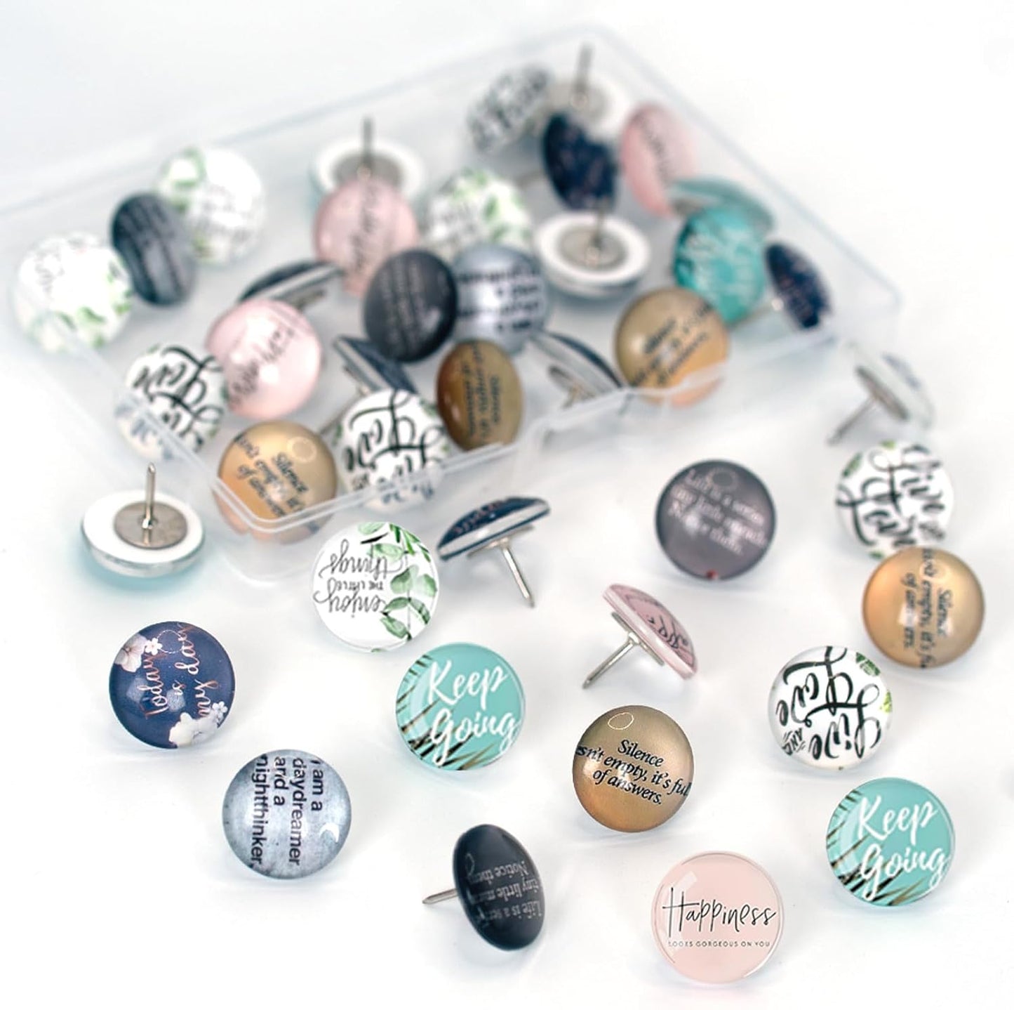 24Pcs Decorative Push Pins,Decorative Thumb Tacks for Bulletin Board, Cork Board Thumbtacks,Photos Wall Maps,Cute Thumbtack for Cubicle Decor,Classroom Supplies and Office Decor(Motivational-Happy)