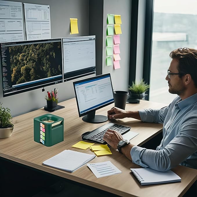 5-in-1 Sticky Note Holder for Desk - Pop Up Sticky Note Dispenser with Pop Up Post Its, Sticky Note Holder & Storage, Magnetic Absorber Case for On-The-Go Organization (Dark Green)