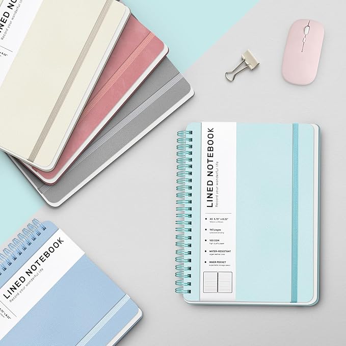 Lined Spiral Journal Notebook, A5 Hardcover Leather Notebook for Work, 5.7''×8.2'', 100GSM Thick Paper Spiral Bound Journaling Notebook for Women Men Office School Note Taking Business, Morandi Green