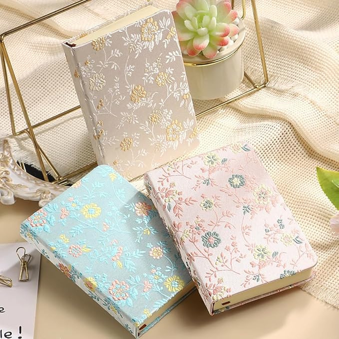 Pocket Notebook, A6, 4x6, Silk Cover, Hardcover, Lay Flat, Small Embroidered Journal, Cute Journal, Ruled Notebook & Sketchbook, Note Taking Notebook for Women, Pretty Notebook, Blue