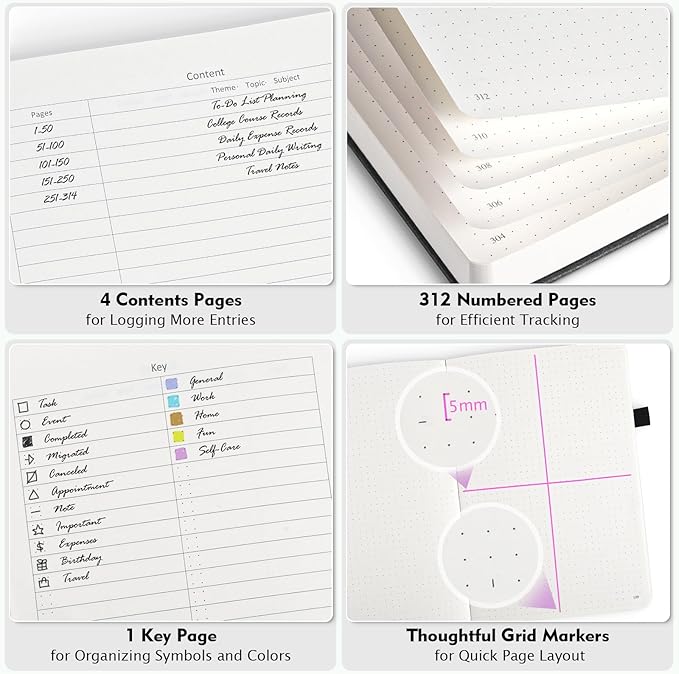 Bullet Dotted Journal Notebook, 312 Numbered Pages A5 Hardcover Dotted Notebooks, 100gsm No Bleed Paper Dot Grid Notebook with Index Pages, Dot Journal for Women Men, 5.75" x 8.38", Brown