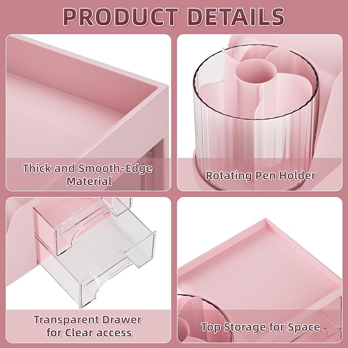 Marbrasse Desk Organizer with 2 Drawer, 360°Rotating Pen Holder for Desk, Desk Organizers and Accessories with 6 Slots Pencil Organizer + 2 Drawer, Art Supply Storage Box Caddy for Office (Pink)