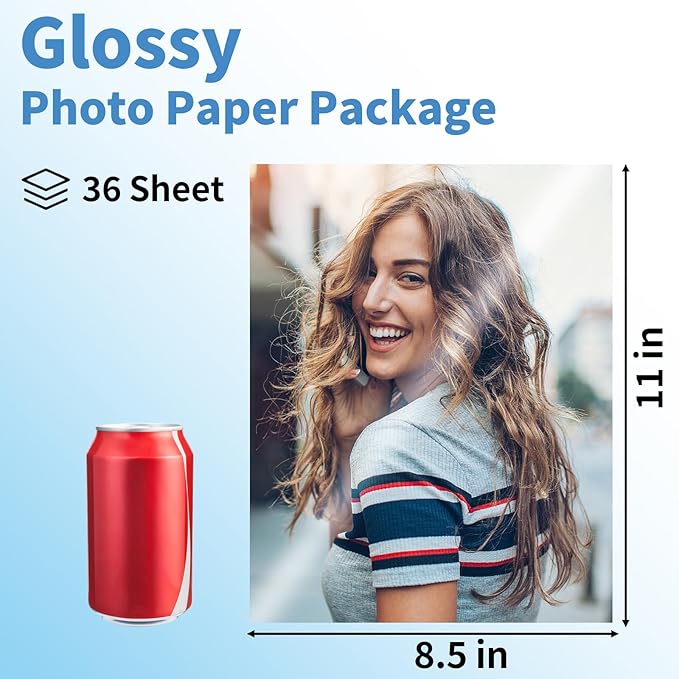 Glossy Photo Paper 8.5 x 11, 36 Sheets Inkjet Photo Printer Paper, Instant Dry Picture Paper for DIY Chip Bag, Flyers, Cards, Calendars and Brochures(180gsm/48lb)