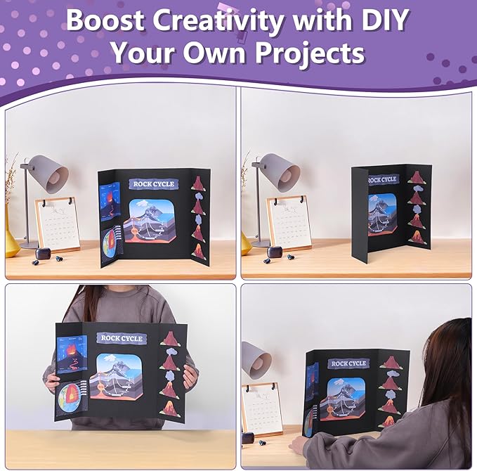 4 Pack Small Trifold Poster Board 21" x 14" Tri Fold Poster Boards Black Corrugated Cardboard Project Boards for Presentations, School Projects, Science Fair, Exhibition Event Display