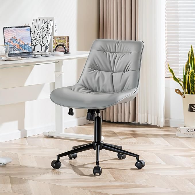 Kidol & Shellder Faux Leather Office Chair, Adjustable Swivel Height Task Chair, Rolling Wheels & Soft Backrest - Armless Ergonomic Desk Chair for Home, Office,Vanity,Gaming（Gray）