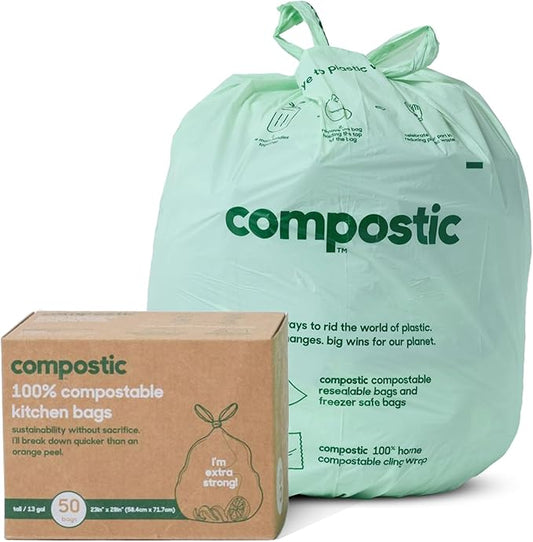 Home Compostable Trash Bags, 13 Gallon Tall Kitchen Rubbish Bags (23” x 29”), Extra Strong & Quickly Breaks Down, 50 Count