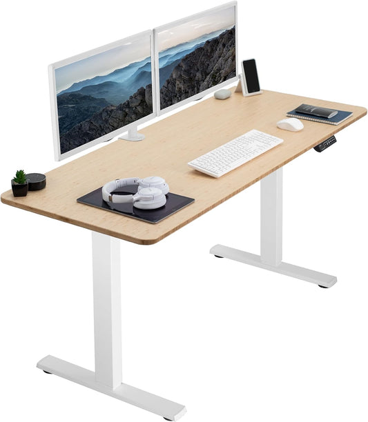 VIVO Electric 60 x 24 in Real Bamboo Standing Desk, Memory Height Adjustment, 1B Series, One-Piece Top, White Frame, DESK-KIT-1W6O