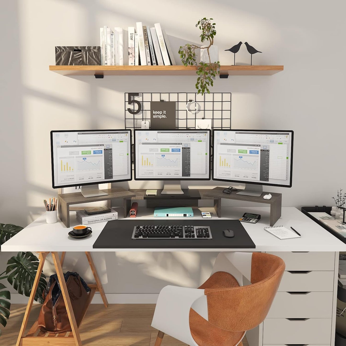 WESTREE Triple Dual Monitor Stand Riser, 56" Extra Long Monitor Stand for 1~2~3 Monitors, Monitor Stand with Length and Angle Adjustable, 3 Shelf Desktop Organizer Riser for Monitor Computer Laptop