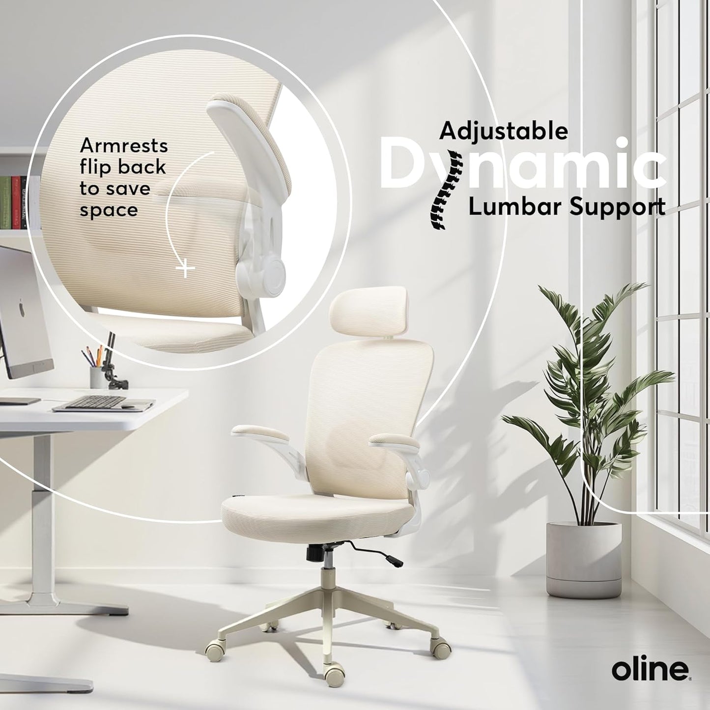 Oline ErgoAir Ergonomic Office Chair – Adjustable Lumbar Support, Flip-Up Armrests, Mesh Computer Desk Chair, Swivel Rolling Executive Gaming Chair for Home & Office (Beige)