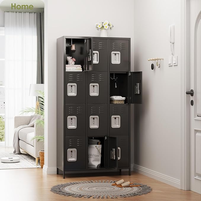 Metal Lockers for Employees with 12 Door and 12 Hooks,Metal Storage Locker with Lock for School Office Gym Bedroom,Assembly Required,Dark Grey