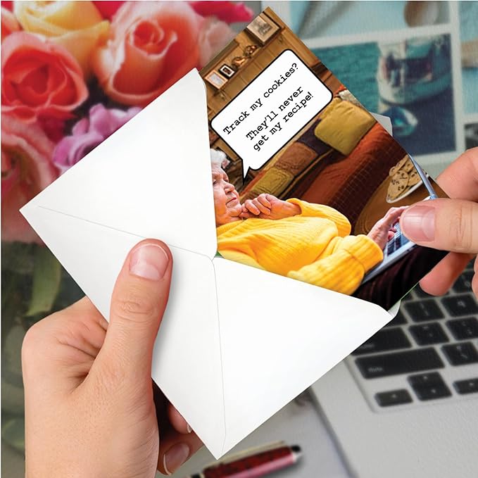 NobleWorks - Funny Happy Birthday Note Card with Envelope (4.63 x 6.75 Inch) - Bday Greeting Card for Women and Men - Congrats Bday Celebration Notecard - Track Cookies C2384BDG