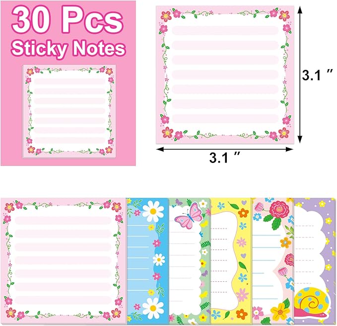 30 Pack Spring Flower Sticky Notes for Kids- 600 Sheets Spring Floral Notepads for Spring Appreciation Gifts Tea Party Gift Birthday Baby Shower Party Favor Spring Notes Message Reminder