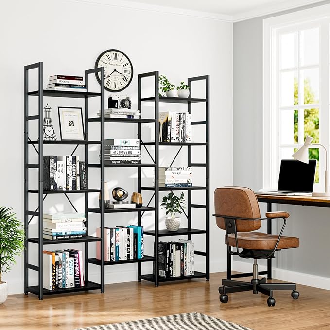 NUMENN Triple Column 5 Tier Bookshelf, Bookcase with 14 Open Display Shelves, Adjustable Rustic Industrial Style Book Shelves, Modern Bookshelves for Bedroom, Living Room and Home Office, Black