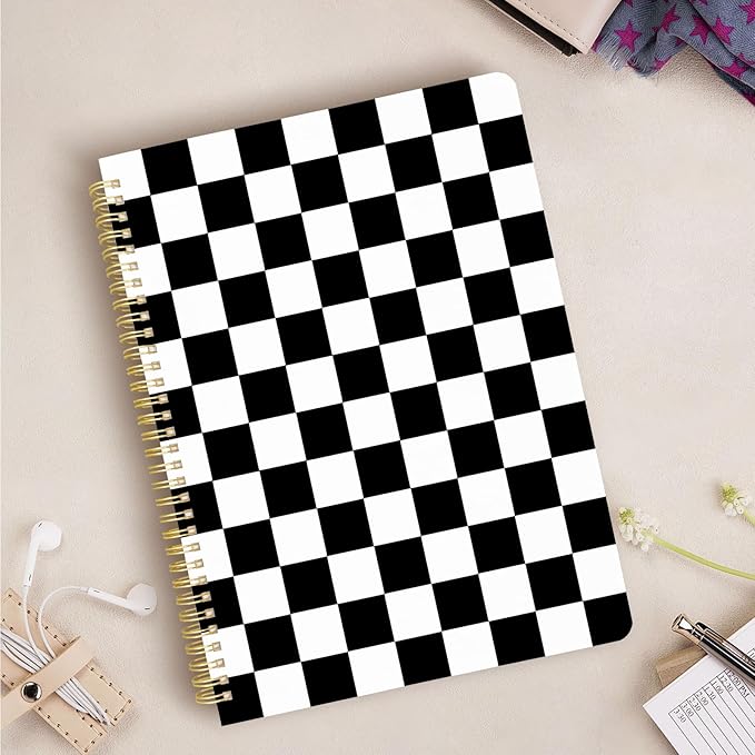 Cute Spiral Notebook journal A4 Aesthetic Pretty Design for Women Girls Kawaii with Pocket, 8.5 x 11 inch, Graph, Black Plaid