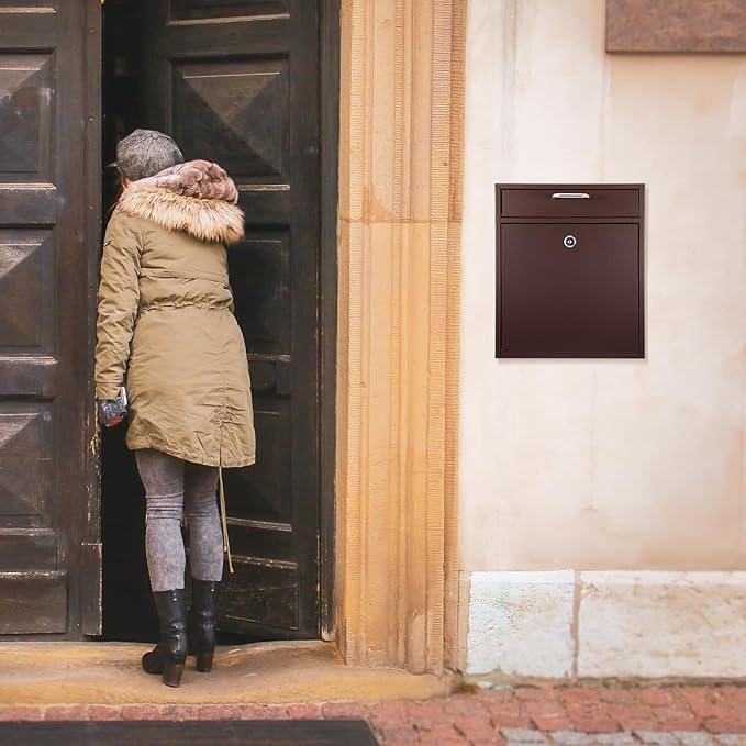 Locking Mailbox with Key for Outdoor 12 x 10.5 x 4.7 Inches Large Wall Mount Mail Box with Lock Security Mail Drop Metal Collection Boxes Hanging Secure Postbox(Brown)