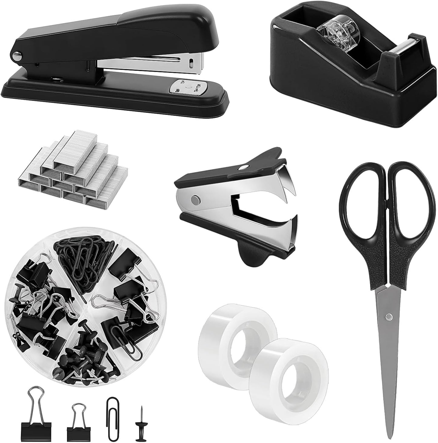 SKYDUE Black Office Supplies Set, Black Desk Accessories, Stapler, Tape Dispenser, Scissors, Binder/Paper Clips and 1000pcs Staples, Desk Supplies Set