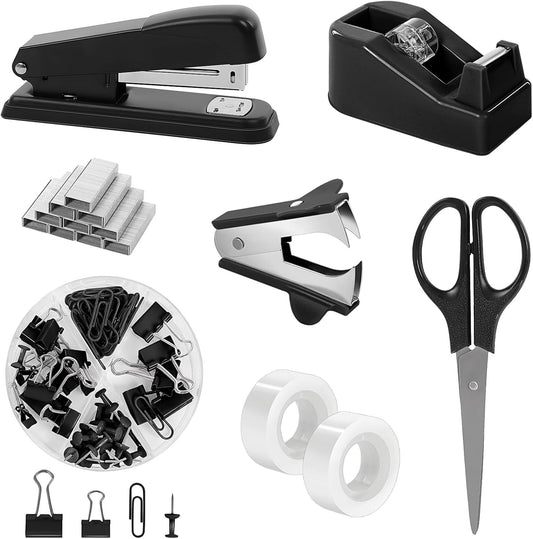 SKYDUE Black Office Supplies Set, Black Desk Accessories, Stapler, Tape Dispenser, Scissors, Binder/Paper Clips and 1000pcs Staples, Desk Supplies Set
