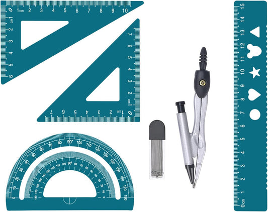 6 Pcs Metal Geometry Set, Math Geometry Kit, Metal Ruler Set and Compass Geometry Tool, Rulers Protractor and Compass Set for Student School and Drawings Supplies (Green)
