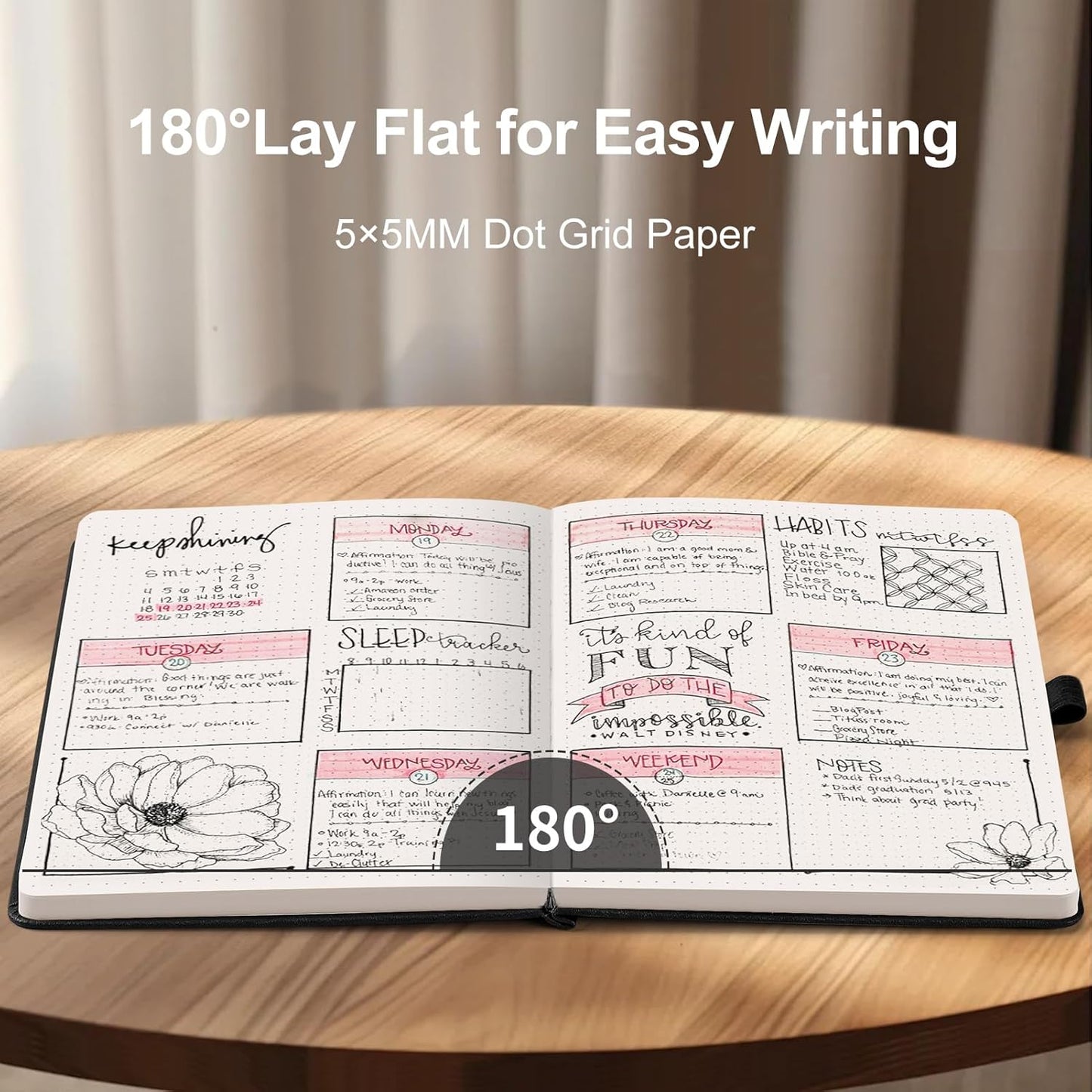 AHGXG Bullet Dotted Journal - 150 GSM Dot Grid Notebook Journal, Thick Acid-Free Paper, A5 Dotted Notebook 128 Pages, Leather Hardcover, Inner Pocket, Journal Stencil, 5.7'' × 8.3'' - Black