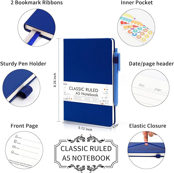 feela 5 Pack Journal Notebook Bulk for School, Hardcover Business Notebooks Classic Ruled Lined Journals with Pen Holder for Work Note Taking, with 5 Black Pens, 120 GSM, 5.1”x8.3”, A5, Navy