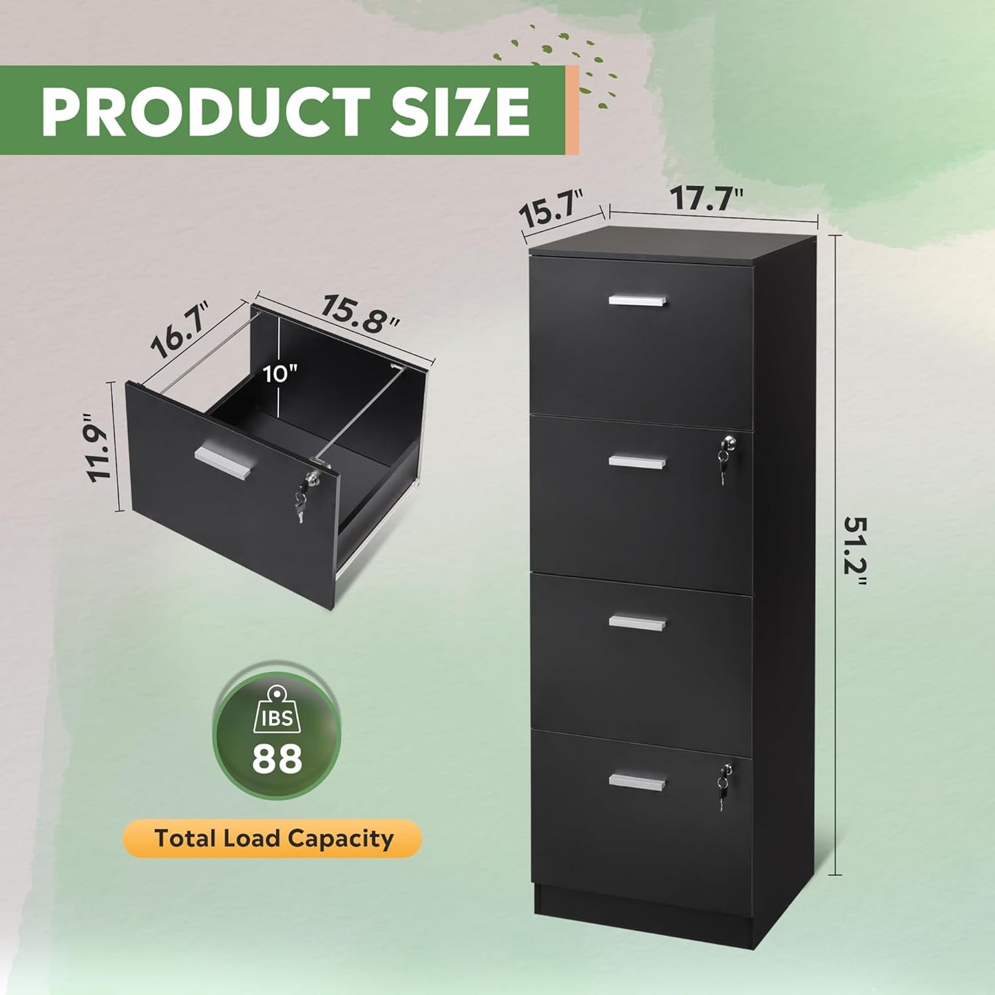 DEVAISE 4 Drawer File Cabinet with Lock, Vertical Filing Cabinet for A4/Letter Size Files, Wood Storage Organizer for Home Office, Black