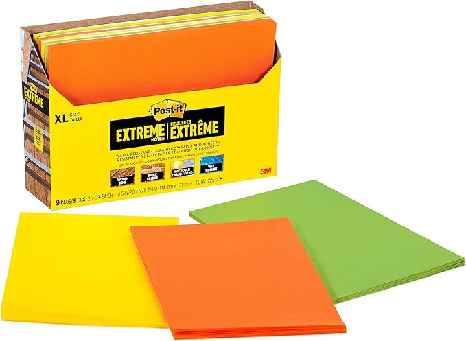 Post-it Extreme XL Notes, Works Outdoors, Works in 0-120 Degrees Fahrenheit, 100X The Holding Power, Orange, Yellow, Green, 25 Sheets per Pad, 9 Pads/Pack (EXT456-9CT)