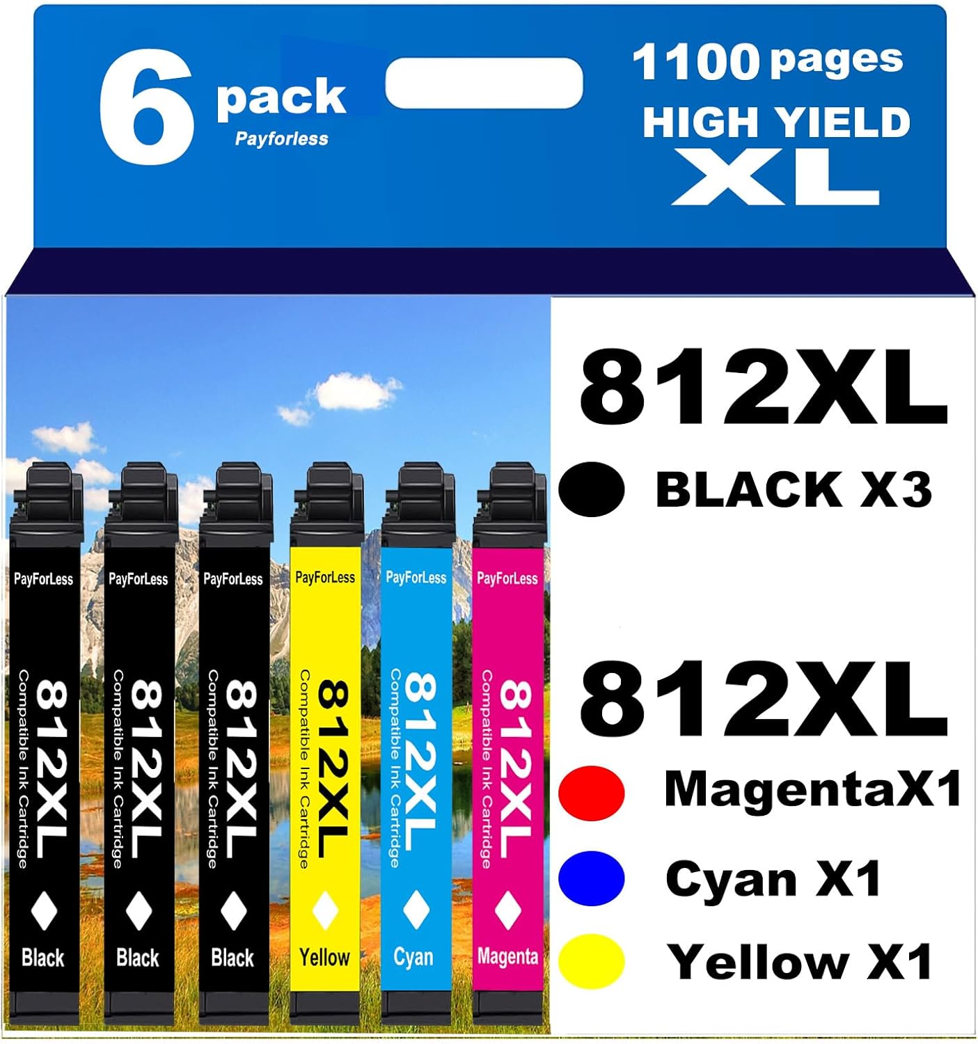 812XL Remanufactured for Epson 812XL Ink cartridges Combo Pack 812 XL T812 for Workforce Pro WF-7840 WF-7820 WF-7310 EC-C7000 Printer 6 Pack 3 Black 1 Cyan 1 Magenta 1 Yellow