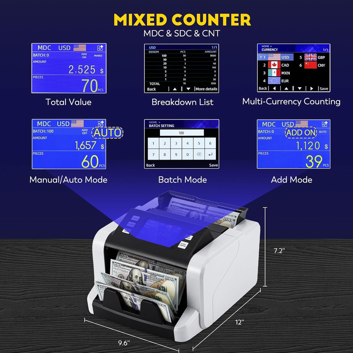 CGOLDENWALL Mixed Denomination Money Counter Machine, Touchscreen Value Counter, 1500Bills/min Cash Counting, UV/MG/IR/DD Detection, Multi-Currency & Modes Bill Counter for Business