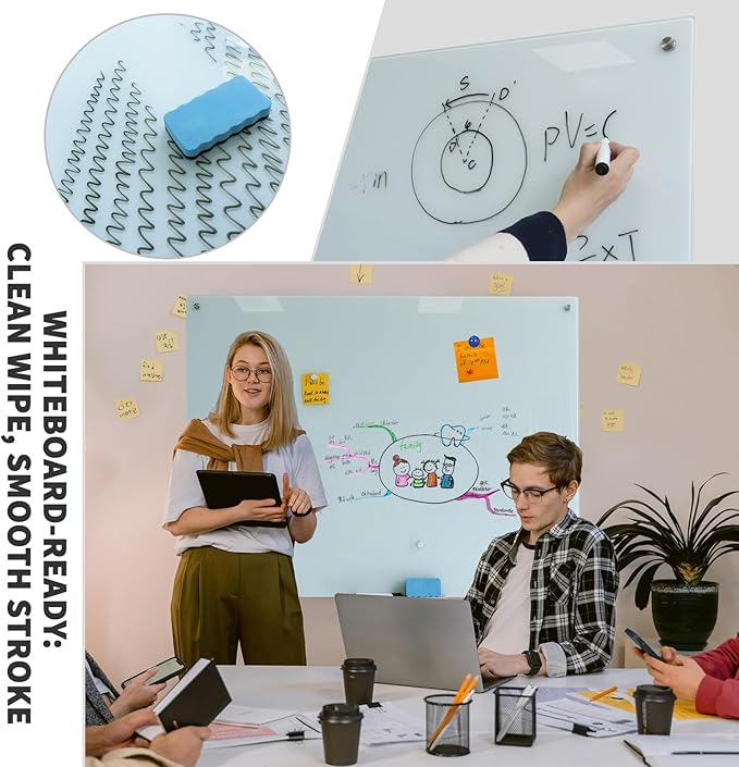 Magnetic Glass Whiteboard 48"x36" Glass Dry Erase Board 48"x36" Wall Mounted White Glassboard for Office School Home Shop