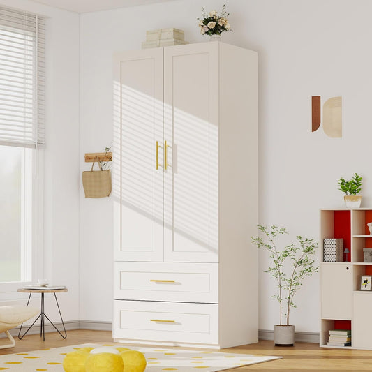 White Wardrobe with 2 Doors: 75" Tall Armoire Wardrobe Closet with 2 Drawers, Bedroom Closet Cabinet for Hanging Clothes, Wooden Storage Armoire with Shelves (Contemporary, 1)