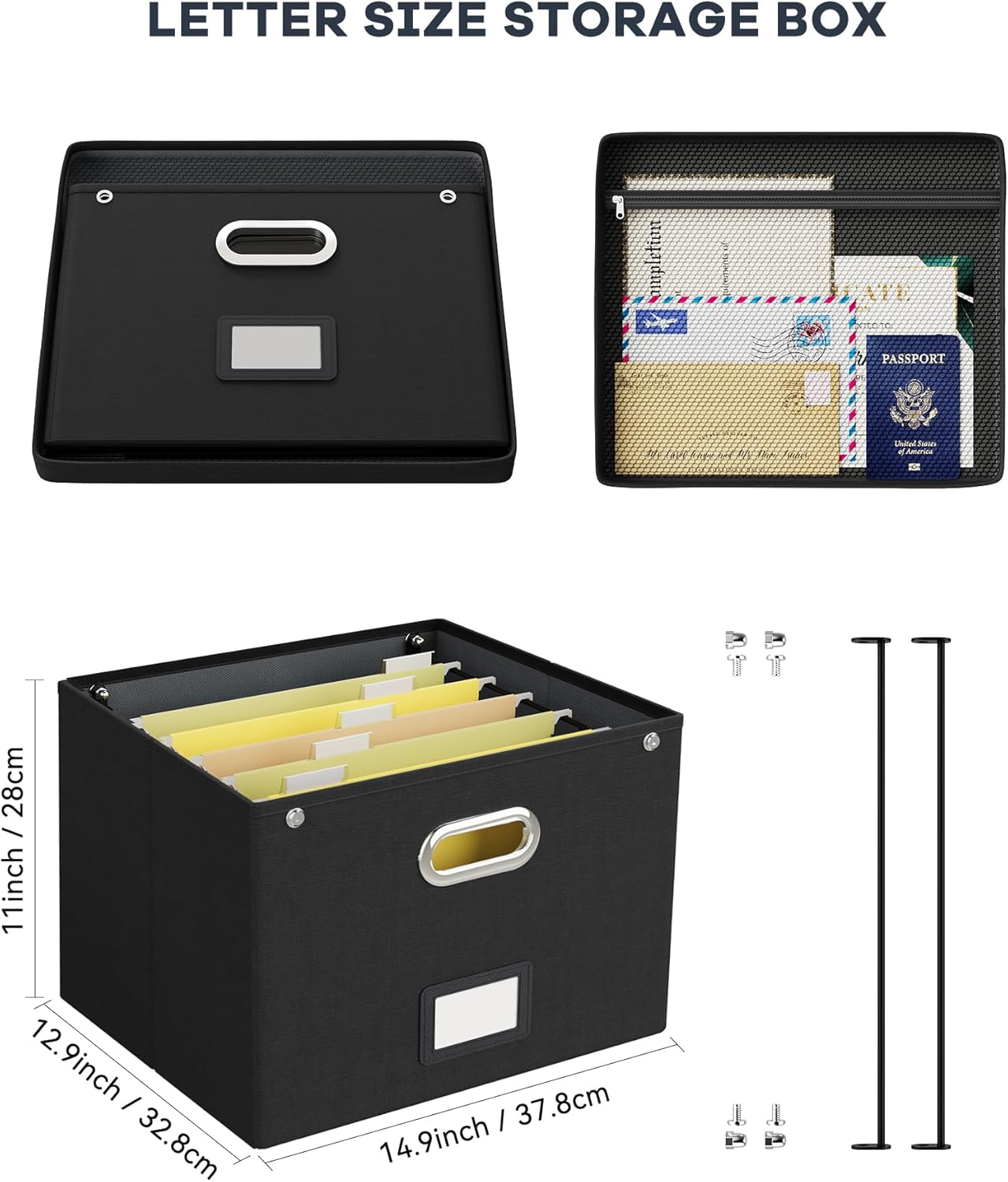 2 Pack File Organizer Box with Lid, Large Hanging Filing Box with Mesh Pocket, Document Organizer for Letter Files, Portable Storage Case for Office&Home (Black)