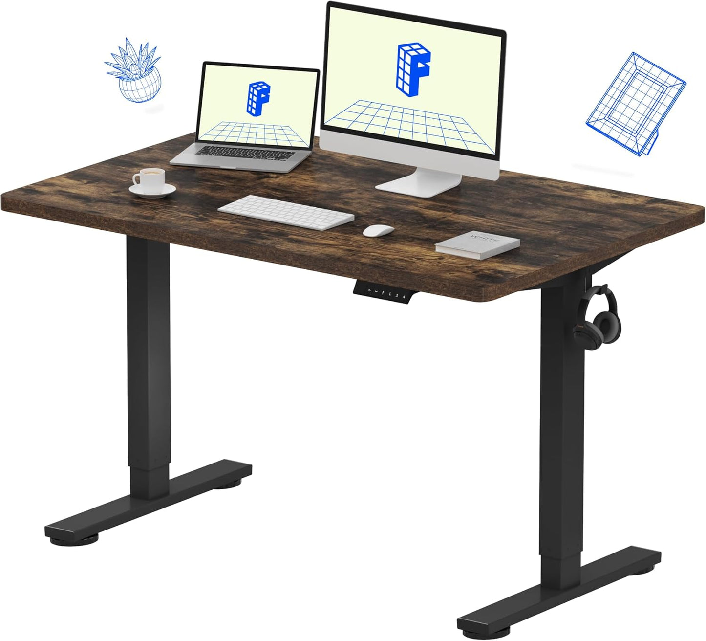 FLEXISPOT EN1 Whole-Piece Standing Desk, 48x30 Electric Sit Stand Desk for Home Office (Black Frame + Rustic Top, 2 Packages)