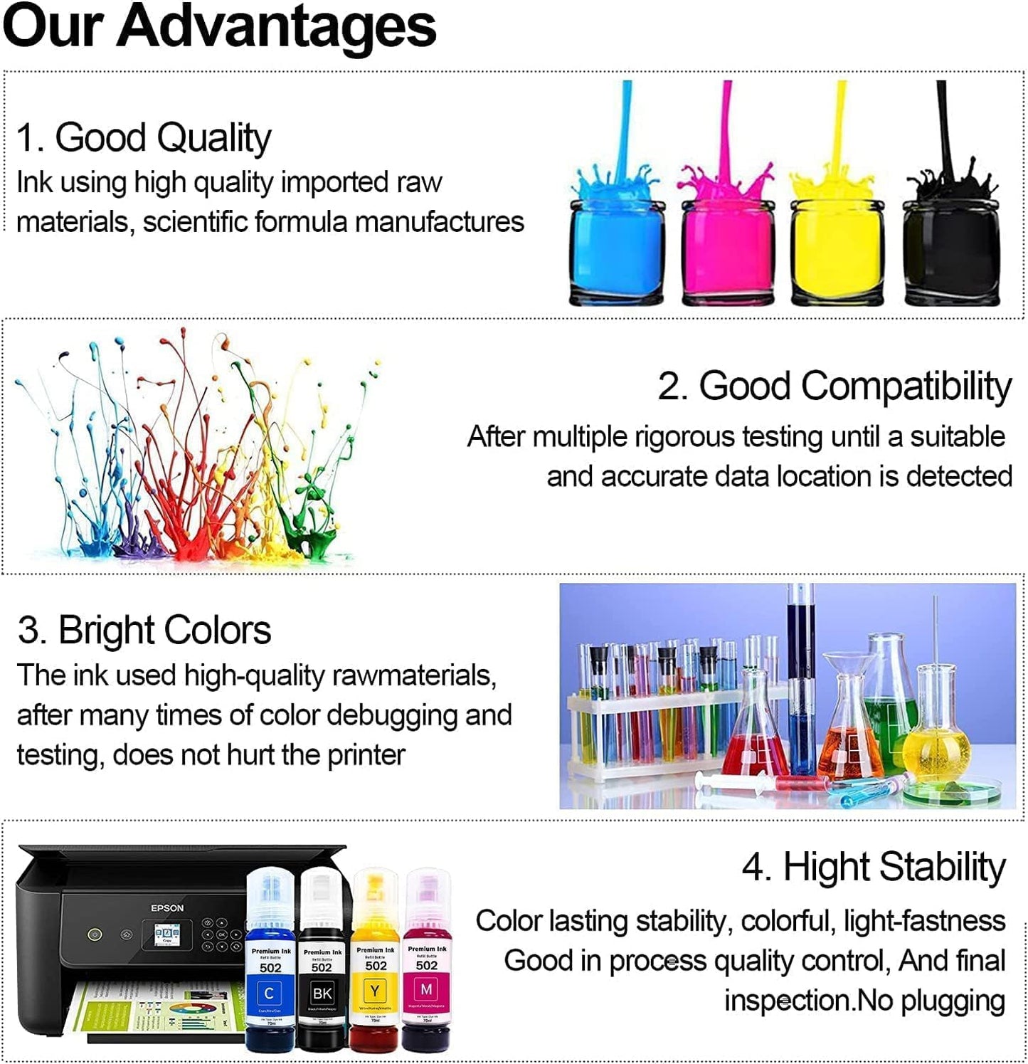 Printers Jack 522 Ink Refill Ink Bottle Kit Compatiable with T522 and Supertank ET-2800 ET-4700 ET-4800 ET-2710 ET-2720, ET-2803 Printer, (2BK C M Y)