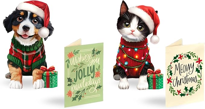 Freshcut Paper Pop Up Cards, Mini Christmas Puppy & Kitten, 6 Inch Mini Sized 3D Pet Gifts, Popup Greeting Card, Christmas Card, Paper Cat & Dog Cards, Blank Notecard & Envelope