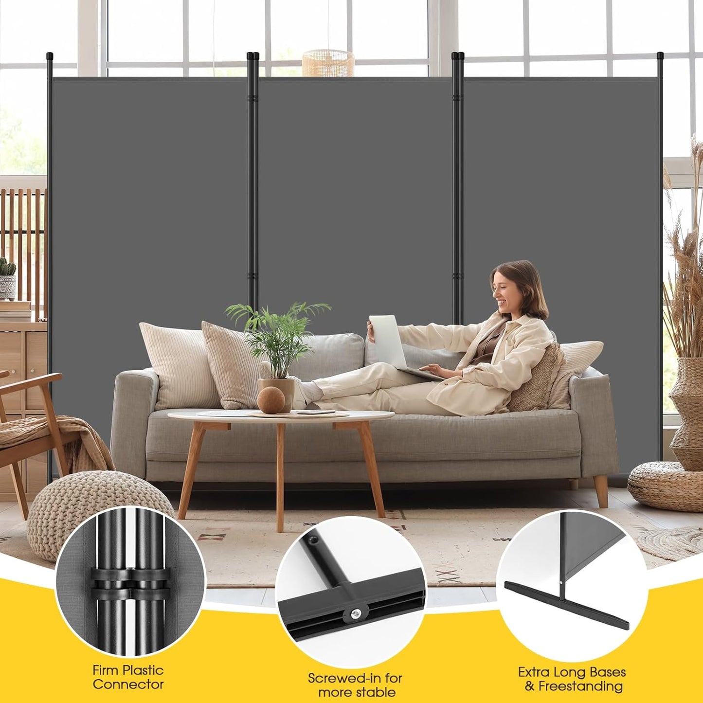 AKTOP 3-Panel Room Divider, Freestanding Wall Divider for Room Separation, Folding Privacy Partition Screen 70''W x 102''H, Portable Room Divider Panel Privacy Screen for Dorm Studio Office, Grey