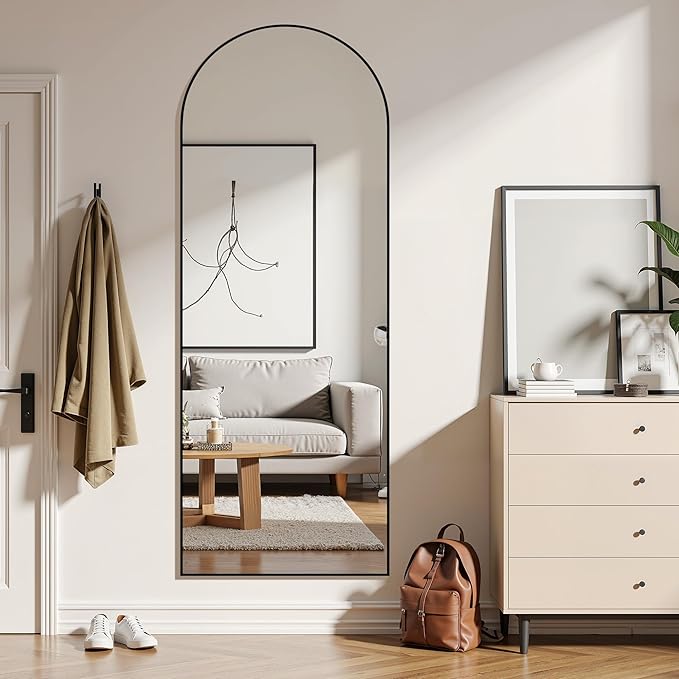 Arched Full Length Mirror, 64"×21" Floor Mirror with Stand, Large Full Length Mirrors for Home Wall Decor, Arched Mirrors for Bedroom Cloakroom Decor - Black
