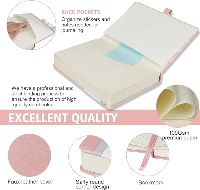 Lined Journal Notebook, 360 Numbered Pages(With page number), Thick Journal for Writing A5 College Ruled Notebook, 100gsm Lined Paper, Leather Hardcover, 5.75'' X 8.38''-Pink