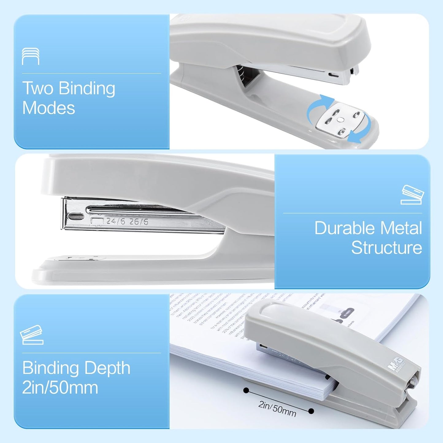 M&G Desktop Stapler with 25 Sheet Capacity, Two Binding Modes, Basic Stapler Set with 1000 Staples and Remover, Durable Staplers for Office School Home (Grey)