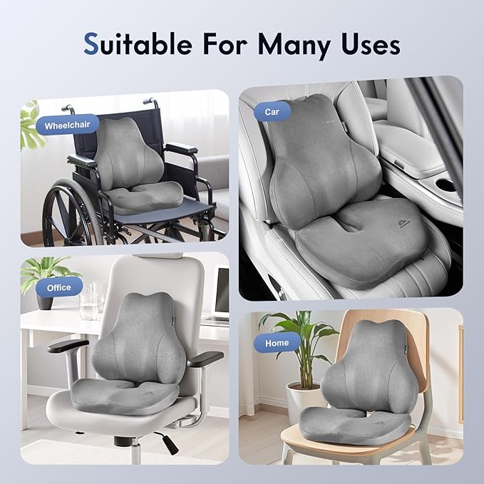 Coverado Memory Foam Car Seat Cushion and Lumbar Support Pillow for Car, Ergonomic Office Chair Cushion for Lower Back Pain Relief, Breathable & Non-Slip for Car, Home, and Office Use, Gray